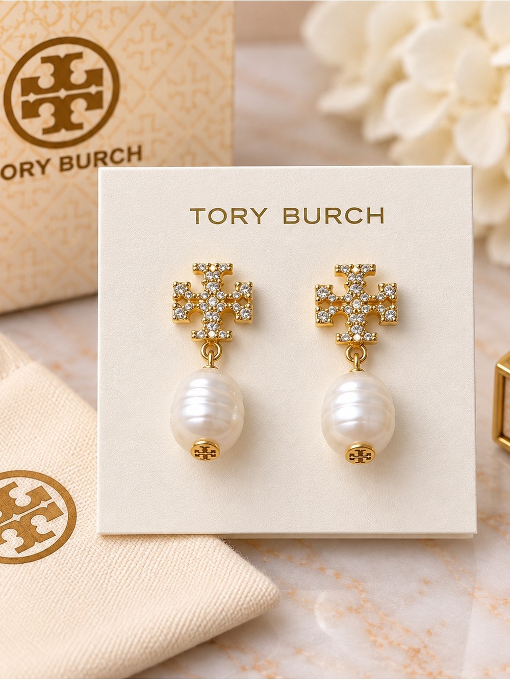 Tory Burch Gold Crystal Logo Earrings with White Pearl Drops